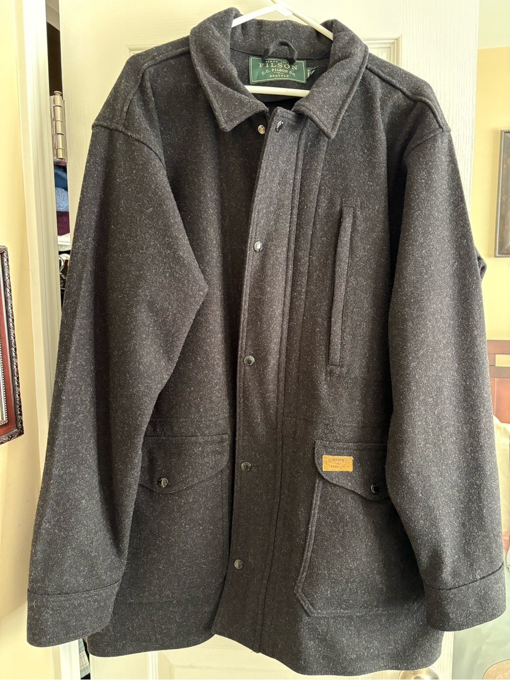 Filson Men's Charcoal Wool Coat with garment bag